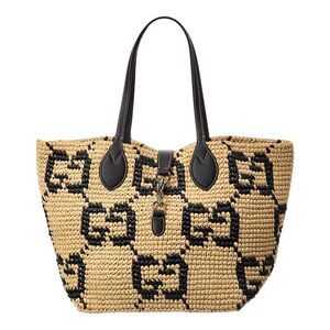 Gucci Medium Woven Leather-Trim Tote, Brown